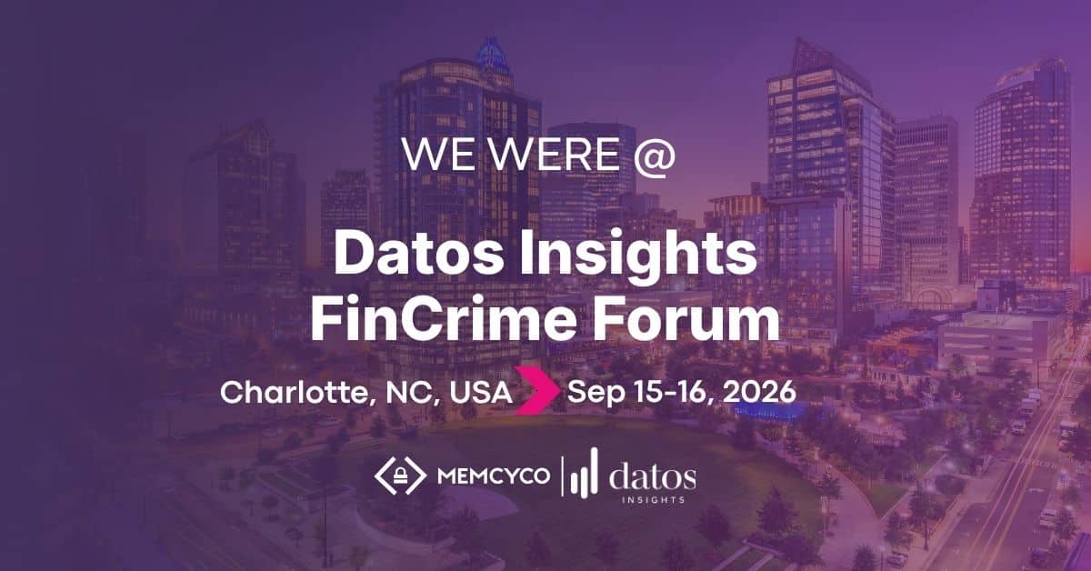 Event banner featuring “Memcyco at Datos Insights FinCrime Forum 2026” in Charlotte, NC, USA, held on September 15-16. Display includes sponsor logos from Memcyco and Datos Insights over a cityscape background.